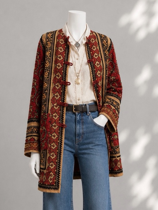 Happy Bird Samarkand Jackets & Blazers - Happy Bird Samarkand Quilted Boho Jacket Uzbek Art To Wear Beaded Tassel Coat S